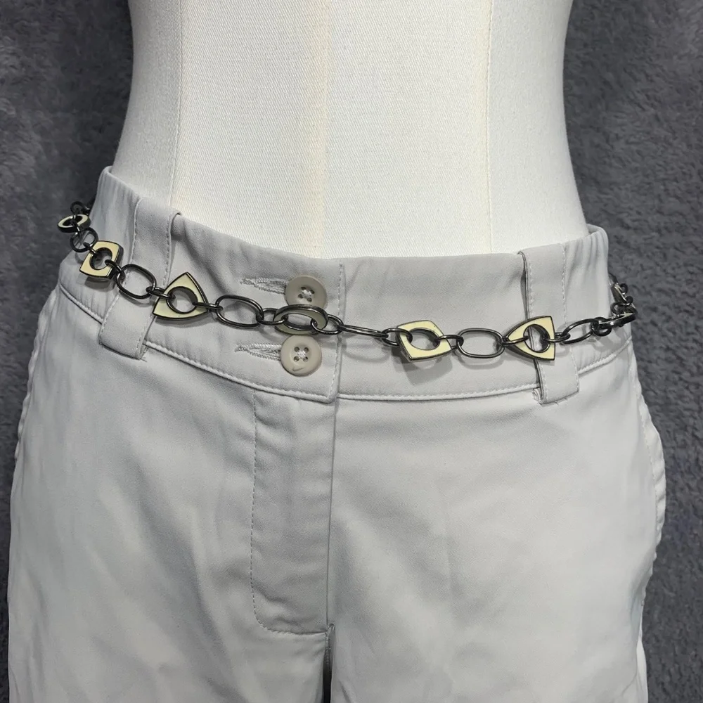 Vintage Silver‎ Tone Chain Belt with Cream Enamel Accents, Adjustable Link Chain